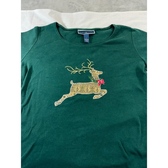 Karen Scott Shirt Women's Small Green Long Sleeve tee with Festive Reindeer - Picture 6 of 8